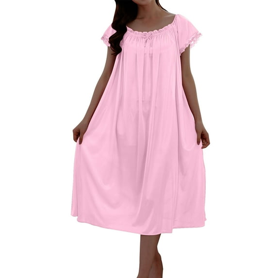 Ashirexll Plus Size Nightgowns for Women Clearance, Solid V-Neck Short Sleeved Pajama Dress for Home Wear Long Pajama Dress Pink Free Size