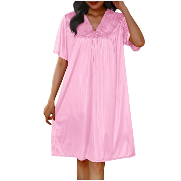 Ashirexll Plus Size Nightgowns for Women Clearance, Solid V-Neck Short Sleeved Pajama Dress for Home Wear Long Pajama Dress Pink 3XL