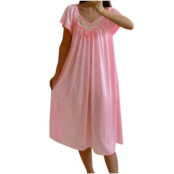 Ashirexll Plus Size Nightgowns for Women Clearance, Solid V-Neck Short Sleeved Pajama Dress for Home Wear Long Pajama Dress Pink B Free Size