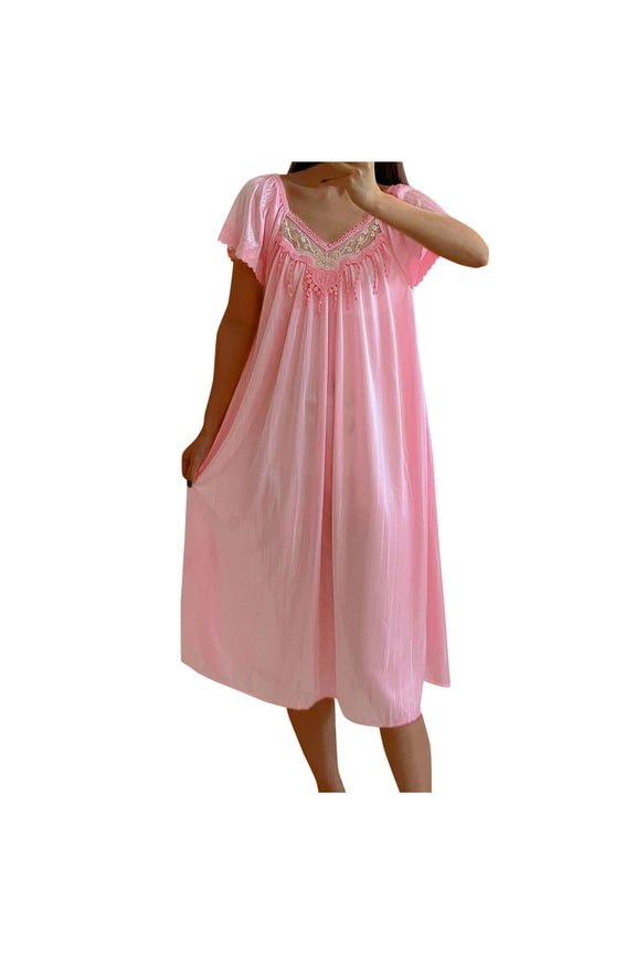 Plus Size Nightgowns for Women Clearance, Solid V-Neck Short Sleeved Pajama Dress for Home Wear Long Pajama Dress Pink B Free Size