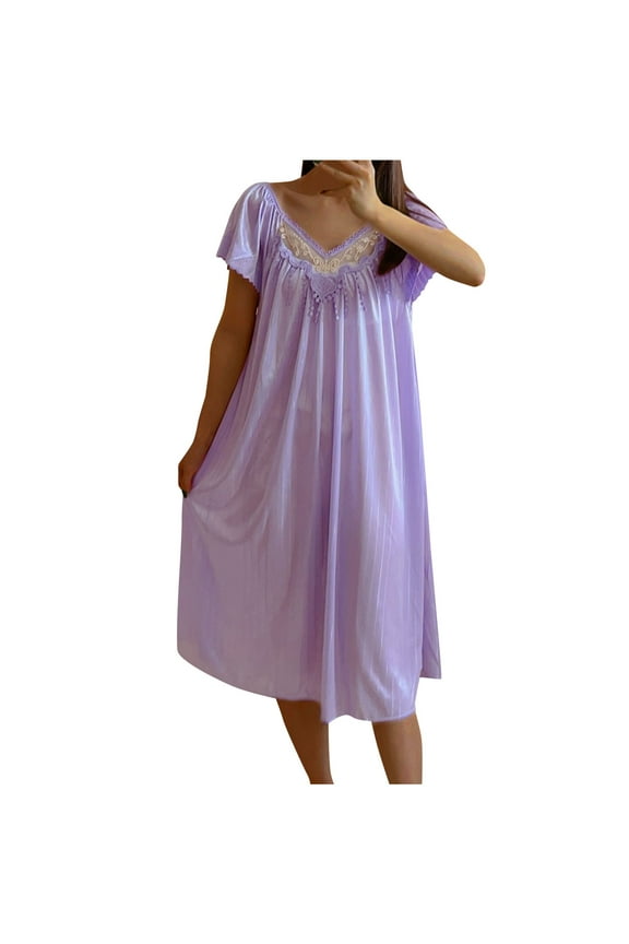 Plus Size Nightgowns for Women Clearance, Solid V-Neck Short Sleeved Pajama Dress for Home Wear Long Pajama Dress Purple B Free Size