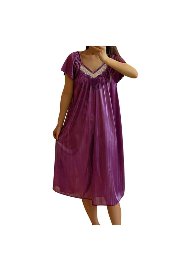 Plus Size Nightgowns for Women Clearance, Solid V-Neck Short Sleeved Pajama Dress for Home Wear Long Pajama Dress Wine A Free Size