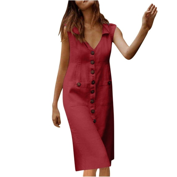 Ashirexll Plus Size Summer Dresses, Summer Solid Color Turndown Collar Soft Comfortable Sleeveless Vest Dress with Pockets Red 4XL