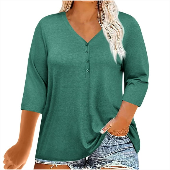 Ashirexll Plus Size Tops for Women, Shirts for Women, Casual Tops V Neck 3/4 Sleeve Casual Tshirts Loose Basic Tunic Tees Green 4XL