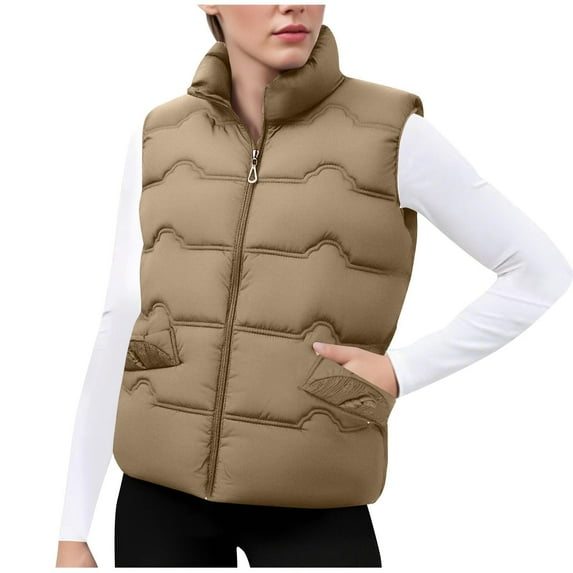 Ashirexll Puffer Vest Women, Womens Winter Coats, Solid Color Stand Up Collar Outerwear Zippered Double Pocket Sleeveless Hoodless Parkas