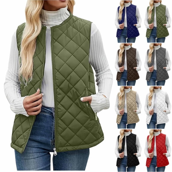 Ashirexll Puffer Vest Women, Womens Winter Coats, Winter Solid Color Side Zipper Pocket Crew Neck Jacket Top for Casual Wear