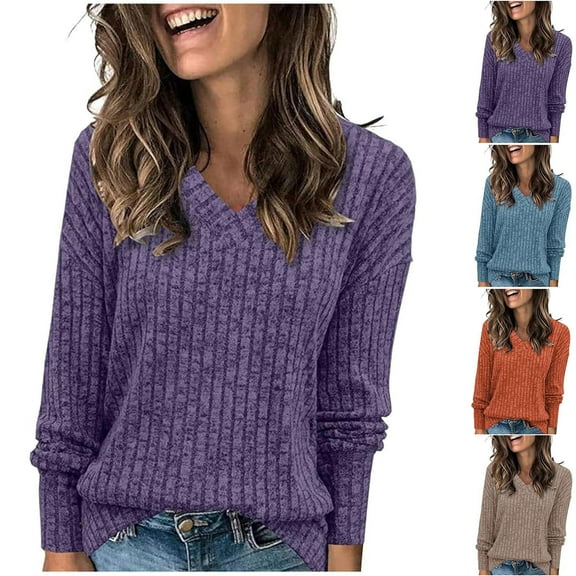 Ashirexll Pullover Sweaters for Women, Winter Sweaters for Women, Sweater for Women Casual Fashion Solid Color V-Neck Long Sleeve Pullover Sweater Knit Top