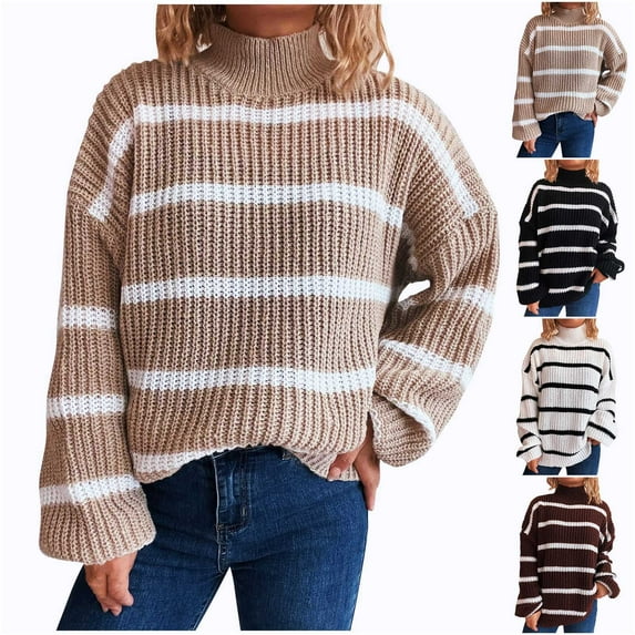Ashirexll Pullover Sweaters for Women, Winter Sweaters for Women, Sweaters for Women Long Sleeve Half High Neck Striped Pullover Sweater Round Neck Sweater
