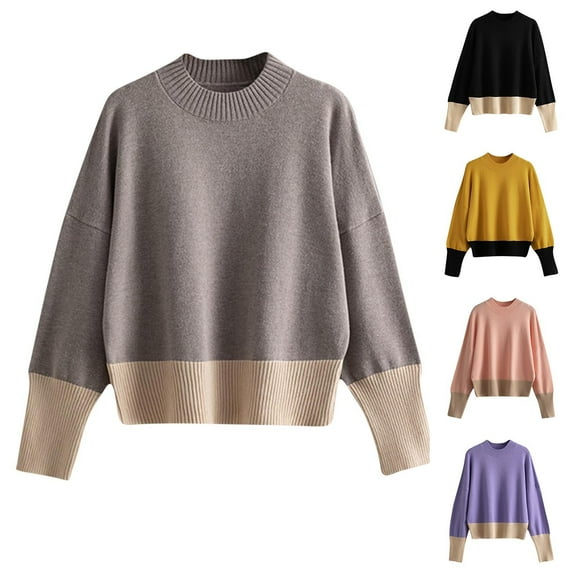 Ashirexll Pullover Sweaters for Women, Winter Sweaters for Women, Women's Reversible Color Block Knit Sweater Long Sleeve Round Neck Pullover Top Soft Comfort