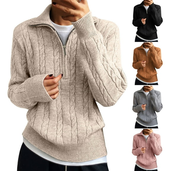 Ashirexll Pullover Sweaters for Women, Winter Sweaters for Women, Women's Zip Up V-Neck Knit Sweater Long Sleeve Pullover Top Casual Solid Color Loose Fitting