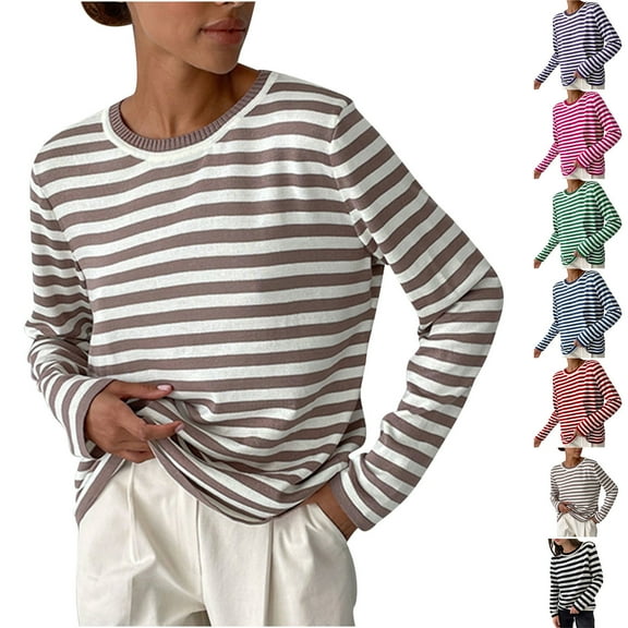 Ashirexll Pullover Sweaters for Women Winter Sweaters Crew Neck Knitted Striped Classic Vintage Sweater Long Sleeve