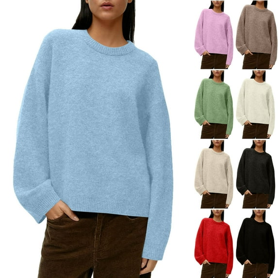 Ashirexll Pullover Sweaters for Women Winter Sweaters Fall and Winter Loose Solid Color Long Sleeve Round Neck Pullover Sweater Tops