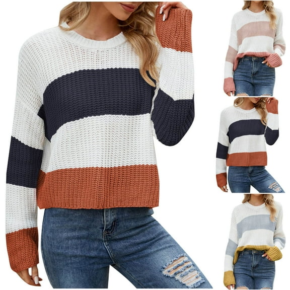 Ashirexll Pullover Sweaters for Women Winter Sweaters Fashion Comfortable Color Block Long Length Round Neck Sweater Tops