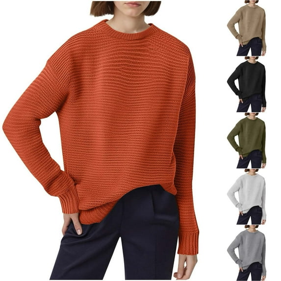 Ashirexll Pullover Sweaters for Women Winter Sweaters Round Neck Casual Sweater European Solid Color Long Sleeve Sweater