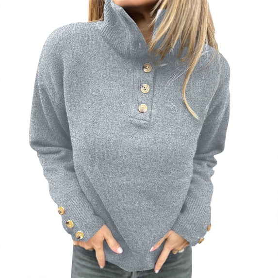 Ashirexll Pullover Sweaters for Women Winter Sweaters Solid Color Blouse Button Turtleneck Pullover Fashion Sweater Long Sleeve