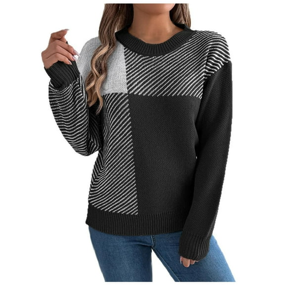 Ashirexll Pullover Sweaters for Women, Winter Sweaters for Women, Women's Color Block Round Neck Long Sleeve Pullover Knit Sweater Top