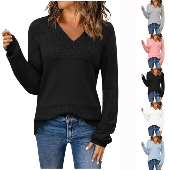 Ashirexll Pullover Sweaters for Women, Winter Sweaters for Women, Womens Fashion Casual Solid Color Long Sleeve V-Neck Lace Up Knit Sweater Top