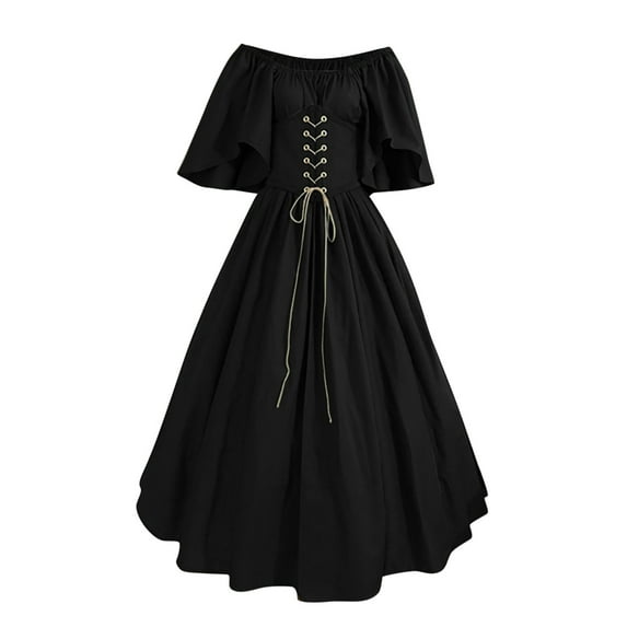 Ashirexll Renaissance Costume Women, 1800s Dress for Women Round Neck Dress Flare Sleeve Off Shoulder Medieval Vintage Dresses with Corset Patchwork Ball Gown Black A 4XL