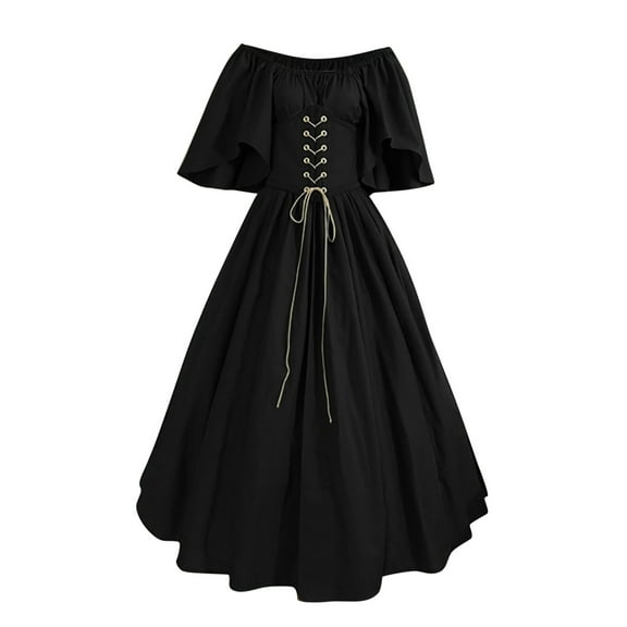 Ashirexll Renaissance Costume Women, 1800s Dress for Women Round Neck Dress Flare Sleeve Off Shoulder Medieval Vintage Dresses with Corset Patchwork Ball Gown Black A 5XL