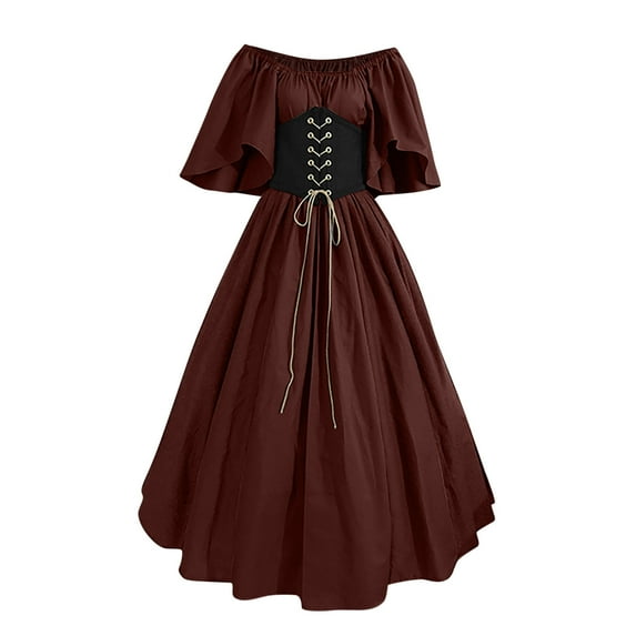 Ashirexll Renaissance Costume Women, 1800s Dress for Women Round Neck Dress Flare Sleeve Off Shoulder Medieval Vintage Dresses with Corset Patchwork Ball Gown Wine A 5XL