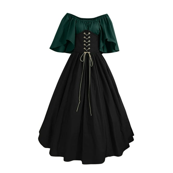 Ashirexll Renaissance Costume Women, 1800s Dress for Women Round Neck Dress Flare Sleeve Off Shoulder Medieval Vintage Dresses with Corset Patchwork Ball Gown Green S