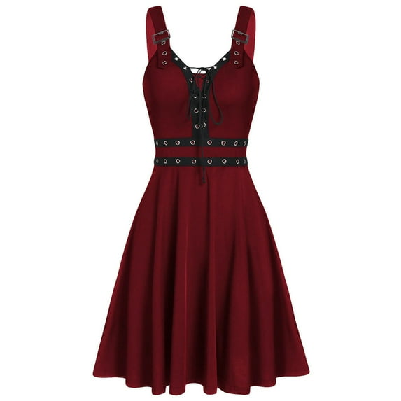 Ashirexll Renaissance Costume Women, Medieval Dress Plus Size Cool Solid Bandage Irregular Hem Sleeveless Camisole Mini Dress Wine M