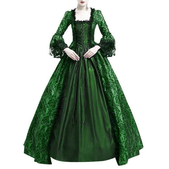 Ashirexll Renaissance Dress Women Plus Size Court Vintage Lace Patchwork Large Bell Sleeve Medieval Dresses Green 3XL