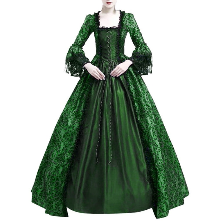 Ashirexll Renaissance Dress Women Plus Size Court Vintage Lace Patchwork Large Bell Sleeve Medieval Dresses Green XXL