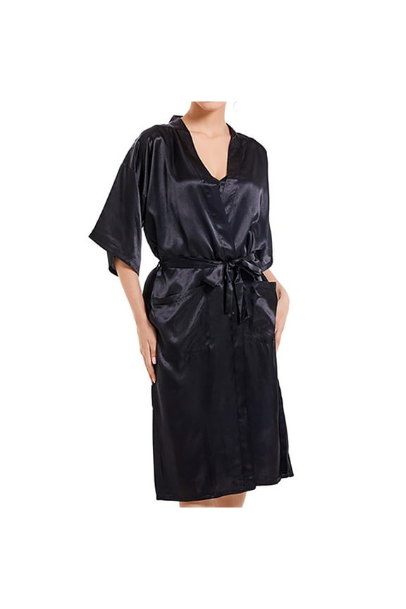 Robes for Women Plus Size Satin Short Bridesmaid Bride Feather Bridal Robe Silky Middle Sleeve Cardigan Bathrobe Black XXL