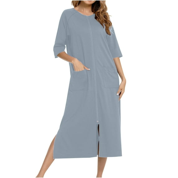 Ashirexll Robes for Women Zipper Robe 3/4 Sleeves Loose Casual Solid Color Sleepwear for Women with Pockets Gray A XXL