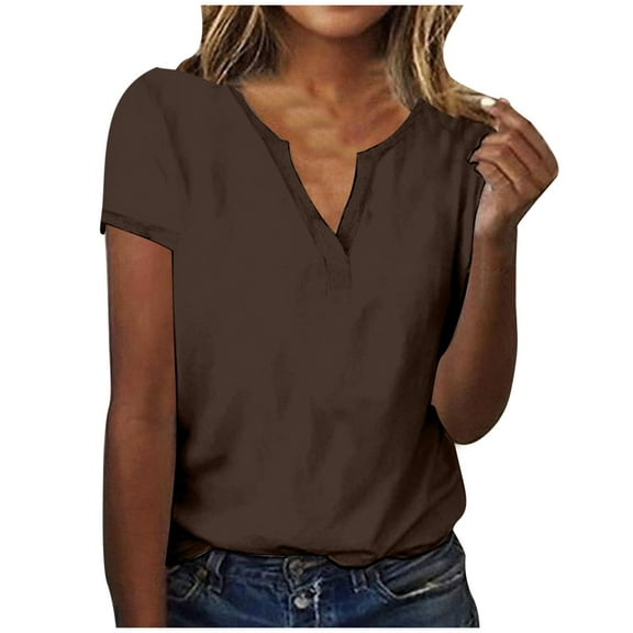 Ashirexll Shirts for Women, Casual Tops for Women, Summer Fashion Solid Color V-Neck Casual Short Sleeved Top Brown B L
