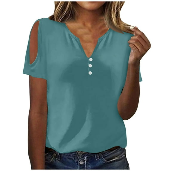 Ashirexll Shirts for Women, Casual Tops for Women, Summer Fashion Solid Color V-Neck Casual Short Sleeved Top Sky Blue A S