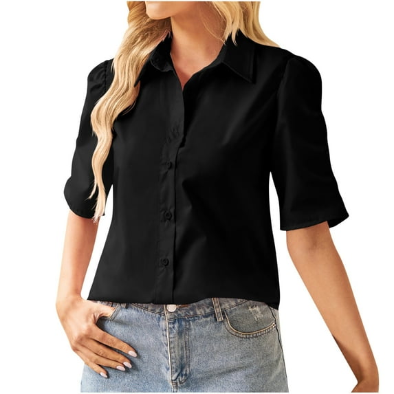 Ashirexll Shirts for Women Summer Short Sleeve Solid Color Turndown Collar Button Casual Loose Business Casual Tops for Women Black XL