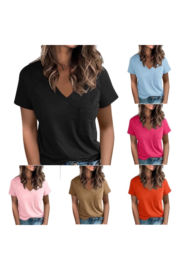 Short Sleeve Shirts for Women Tops Dressy Casual Women's V-neck Raglan Shoulder Split Short Sleeve Solid Color Top Casual T-shirts Fashion Blouses