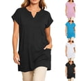 thumbnail image 1 of Ashirexll Short Sleeve Shirts for Women Summer Casual Solid Color Extra Long Fashion V-Neck Double Pocket Top T Shirt, 1 of 6