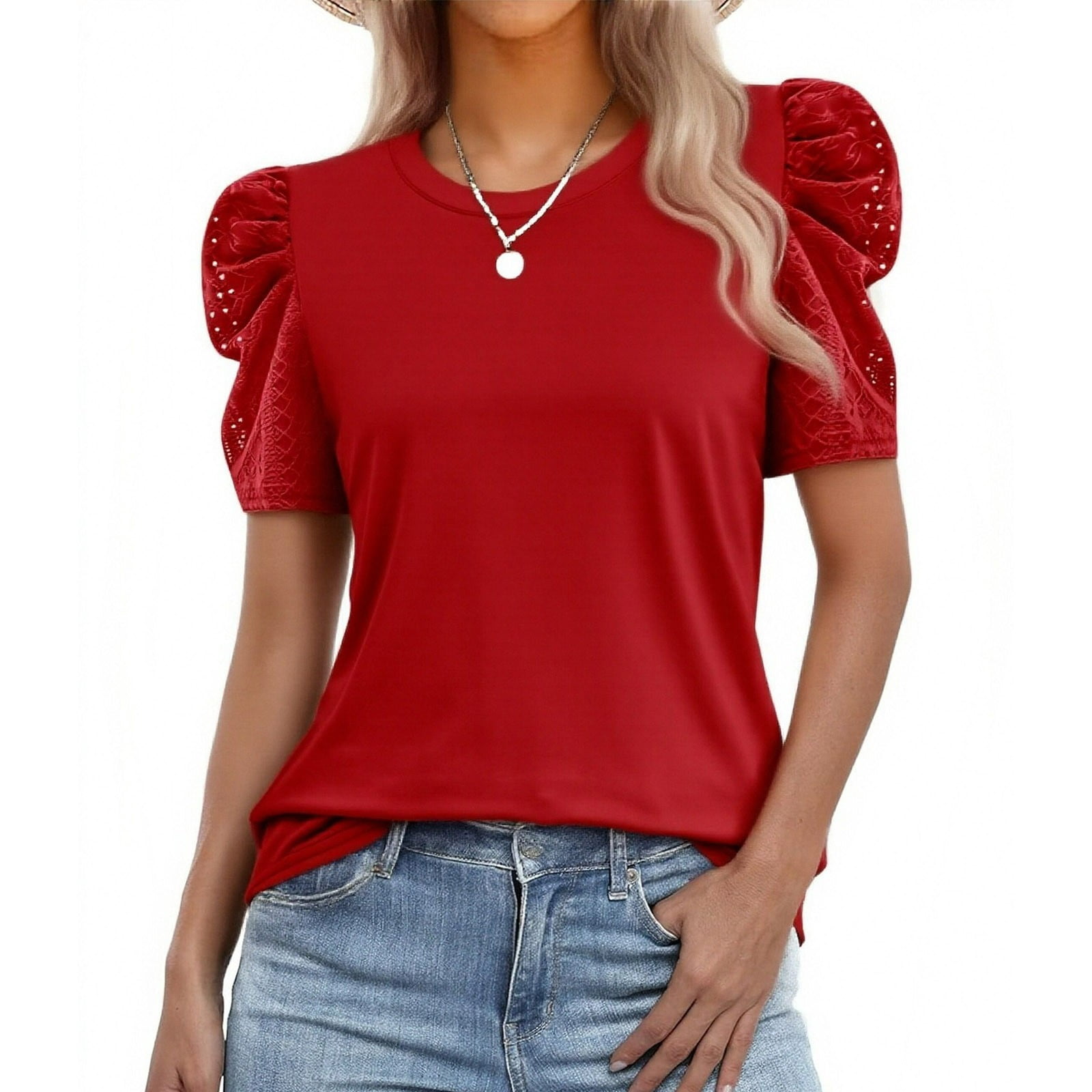 Ashirexll Short Sleeve Shirts for Women, Summer Puff Sleeve Crewneck T ...
