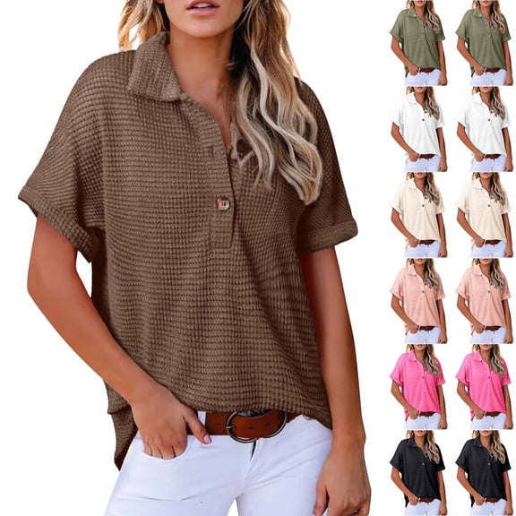 Ashirexll Short Sleeve Shirts for Women, Summer Shirts for Women, Summer Casual Loose Turndown Collar Short Sleeve Pullover Blouse