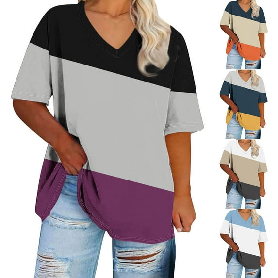 Ashirexll Short Sleeve Shirts for Women, Summer Tops for Women, Women's Oversize V-neck Short Sleeve Solid Base Shirt Sports T-shirt