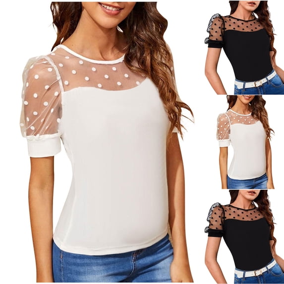 Ashirexll Short Sleeve Shirts for Women, Tops for Women Trendy, Fashion Plus Size Lace Short Sleeve Solid Color Blouse Top