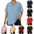 thumbnail image 1 of Ashirexll Short Sleeve Shirts for Women, Womens Summer Tops, Fashion Plus Size Solid Color Hem Slit Short Sleeve V-Neck Pullover Blouse, 1 of 6