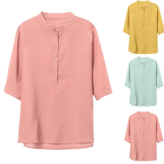 Ashirexll Short Sleeve Shirts for Women, Womens Summer Tops, Linen Embroidered 3/4 Sleeve Vintage Round Neck T-Shirt