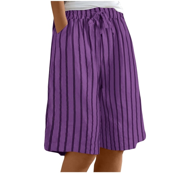 Ashirexll Shorts for Women, Summer Plus Size Casual Stripe Elastic Loose Wide Leg Drawstring with Pockets Comfy Shorts Purple XXL