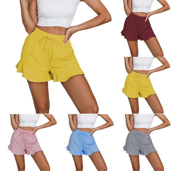 Ashirexll Shorts for Women Trendy, Summer Shorts for Women, Cotton Linen Ruffled Hem Elastic Waist Drawstring Shorts