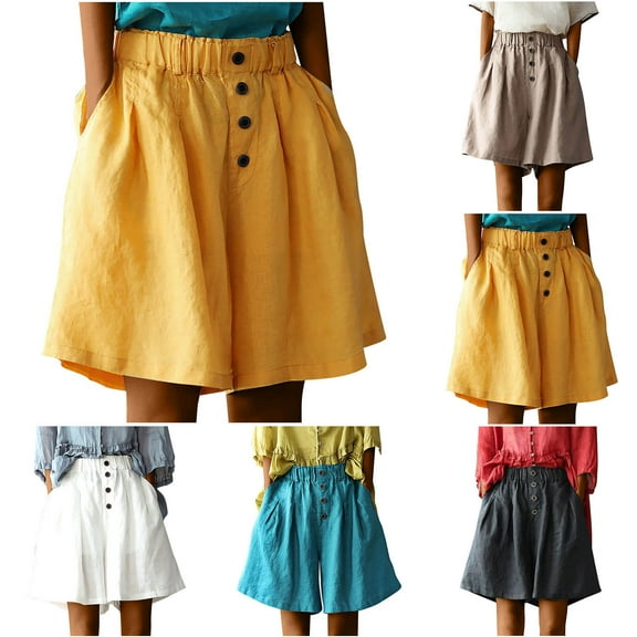 Ashirexll Shorts for Women Trendy, Summer Shorts for Women, Elastic High Waist Linen Blend Pocket Casual Shorts