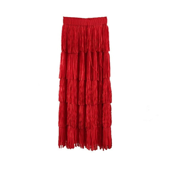 Ashirexll Skirts for Women Mid-Length Tassel Solid Color Straight Cake Skirt A-Line Midi Skirts Red Free Size