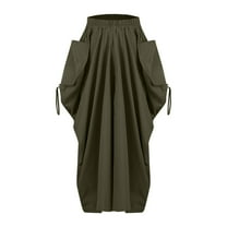 Ashirexll Skirts for Women Summer Bohemian Style Loose Fitting Casual Elastic High Waist Midi Skirts for Women with Pocket Army Green XXL