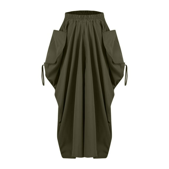 Ashirexll Skirts for Women Summer Bohemian Style Loose Fitting Casual Elastic High Waist Midi Skirts for Women with Pocket Army Green XXL