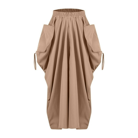 Ashirexll Skirts for Women Summer Bohemian Style Loose Fitting Casual Elastic High Waist Midi Skirts for Women with Pocket Khaki M