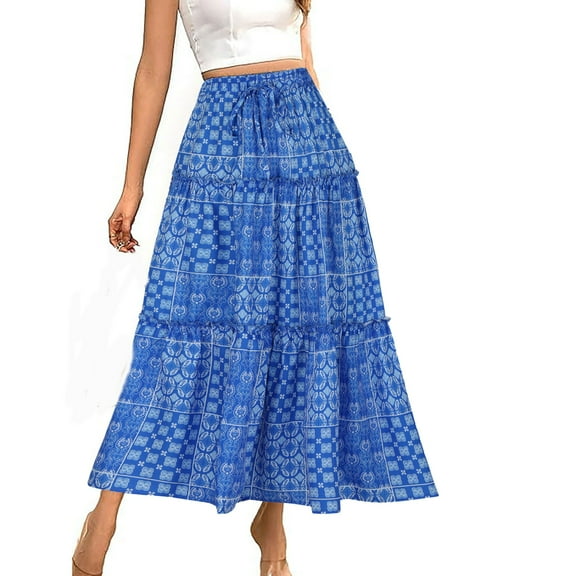 Ashirexll Skirts for Women, Summer Plus Size Lightweight Printed Bohemian Big Hem Commuter Elastic Waist Drawstring Flowy Maxi Skirt Blue M