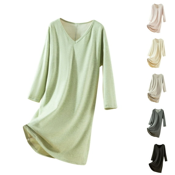 Ashirexll Sleep Shirts for Women, Nightgowns for Women, Casual Solid Color V-Neck Sleepwear Dress for Home Loungewear